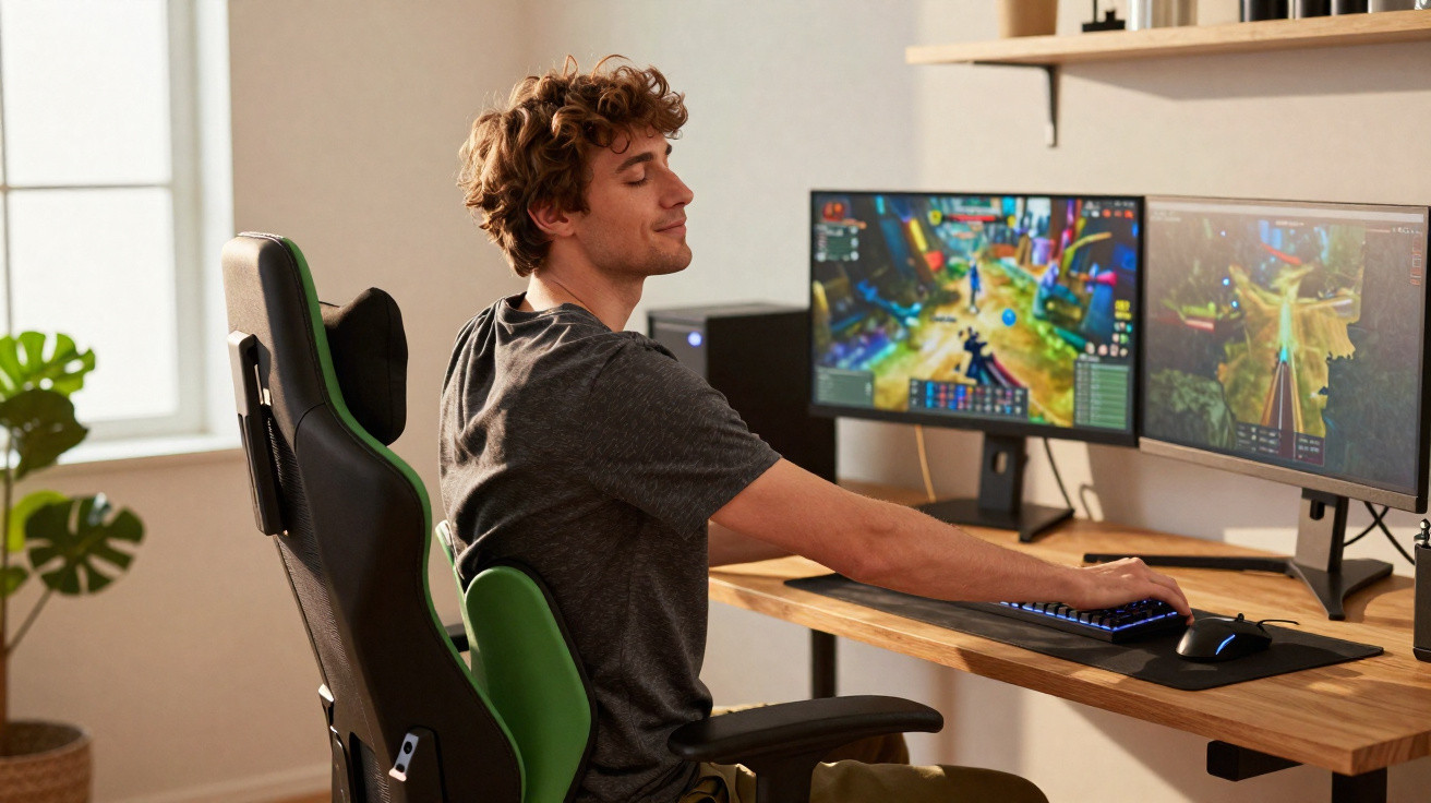 Young man sitting in a gaming chair with dual monitors displaying video game scenes on a wooden desk.