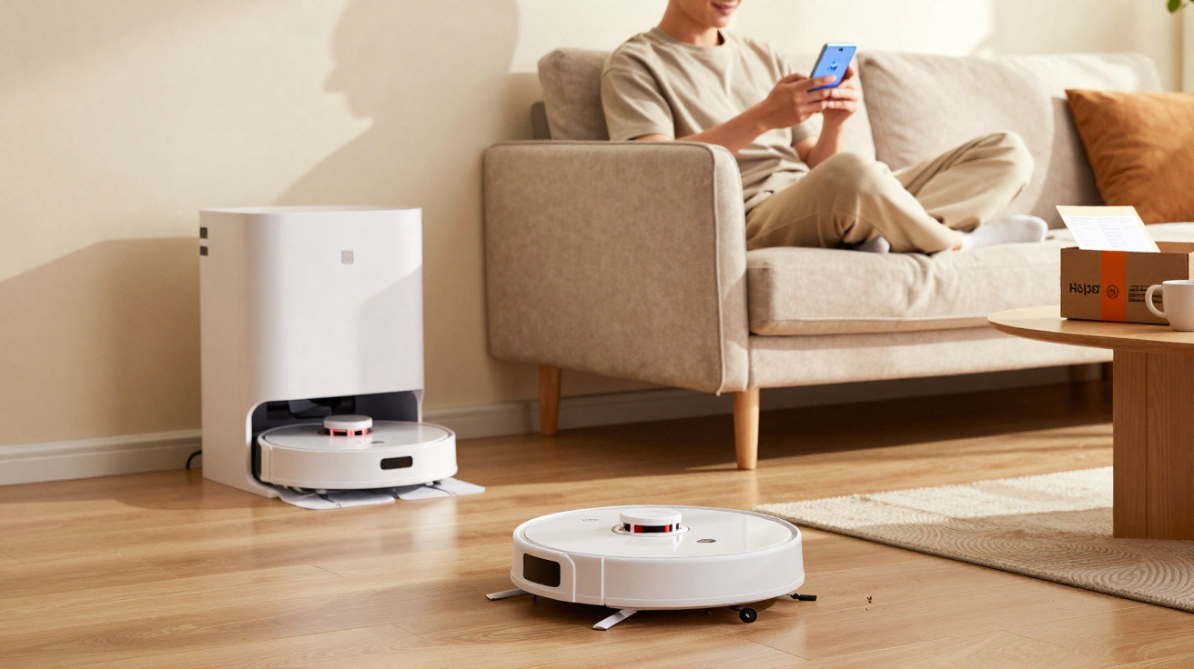 Robot vacuum cleaner in a docking station and another on a wooden floor with a person sitting on a sofa using a smartphone.