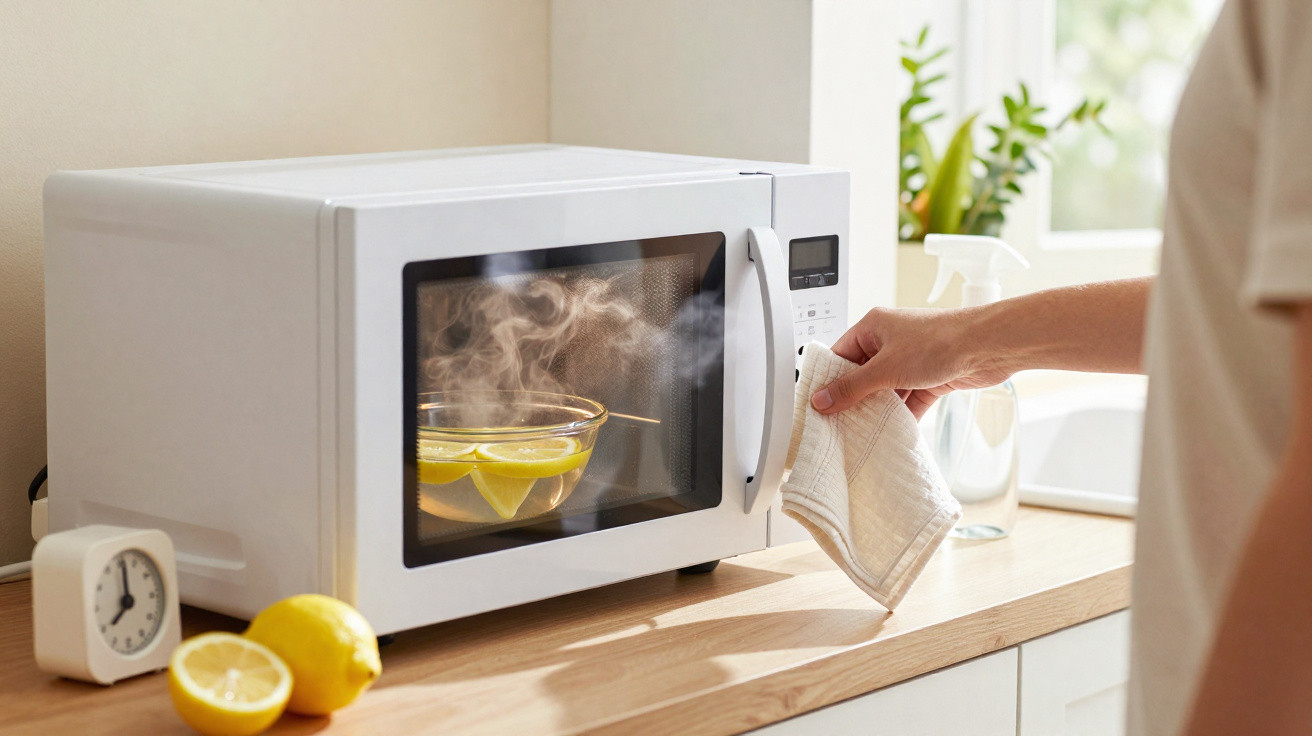 Person opening a steaming microwave with a bowl of lemon water inside on a kitchen countertop.