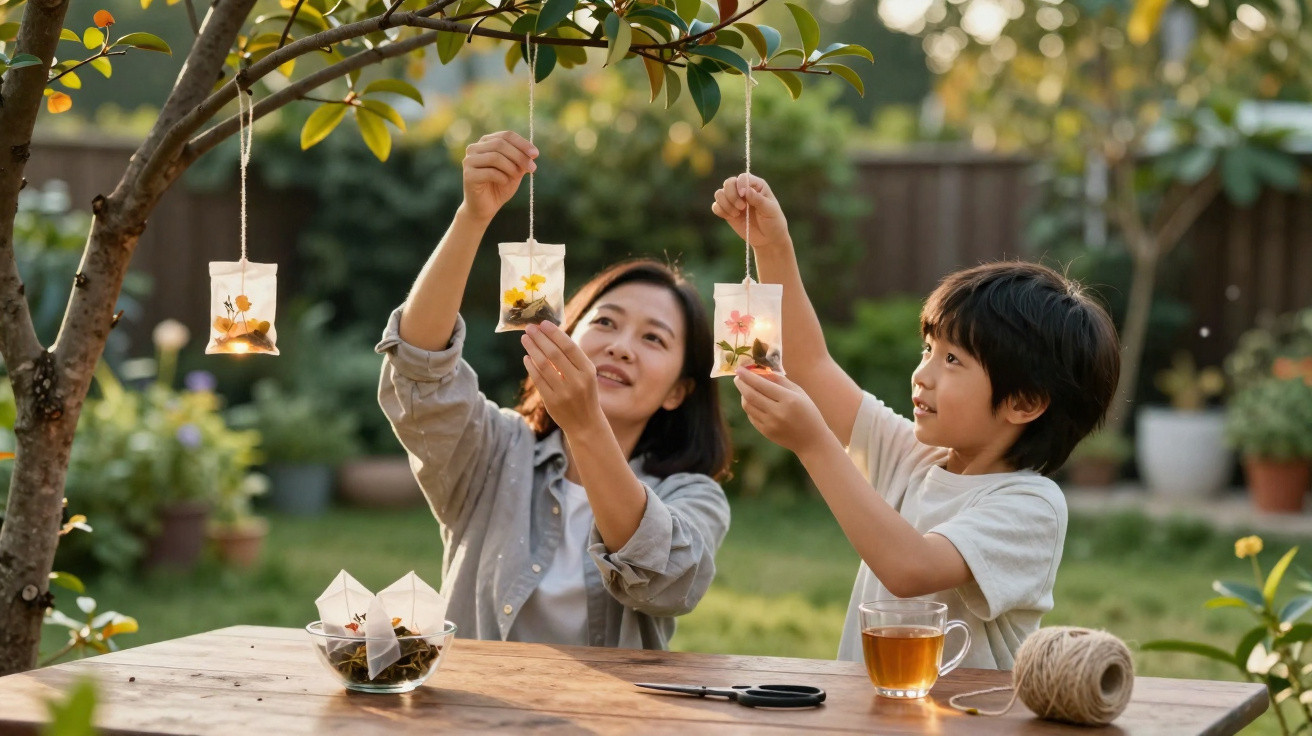 Woman and boy hanging homemade flower sachets from a tree branch in a garden.