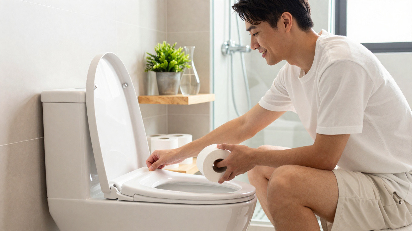 Man in white t-shirt and shorts placing toilet paper on a toilet seat in a modern bathroom.