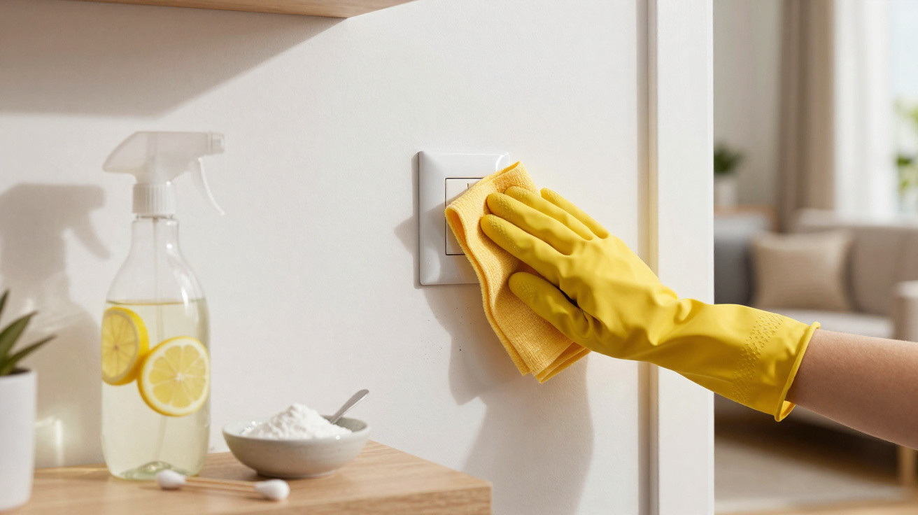 Hand in yellow glove cleaning a light switch with a cloth, beside a spray bottle and bowl on shelf.