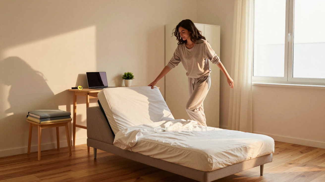 Woman in beige loungewear adjusting an adjustable bed in a sunlit, minimalist bedroom with wooden floor.