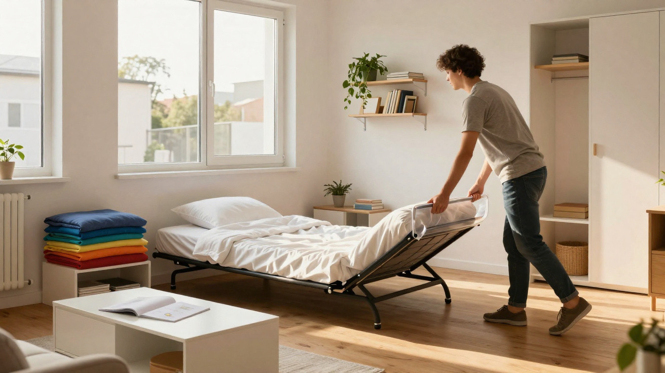 Young man making a bed in a bright, modern bedroom with wooden floors and large windows.