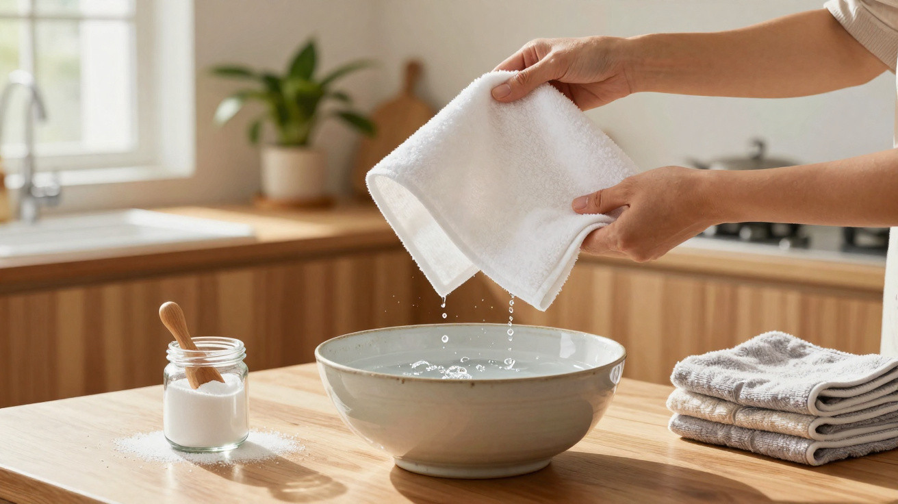 Hands wringing water from a white towel over a bowl of water on a wooden kitchen table.