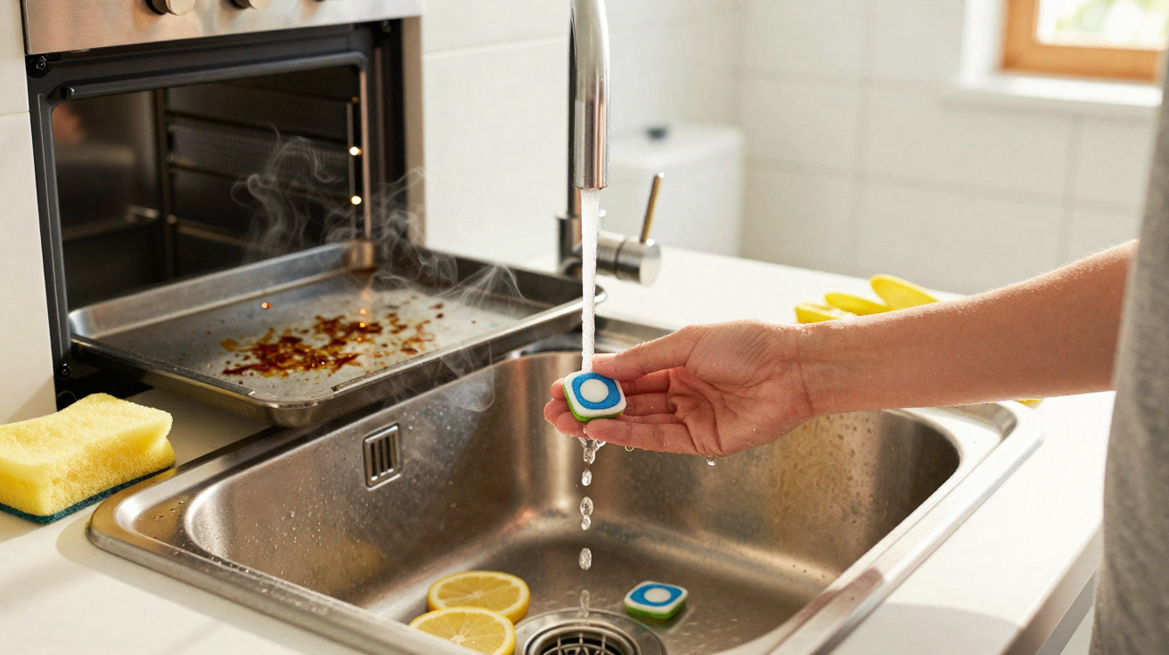 Hand holding a dishwasher tablet under running kitchen tap above a stainless steel sink with lemon slices.
