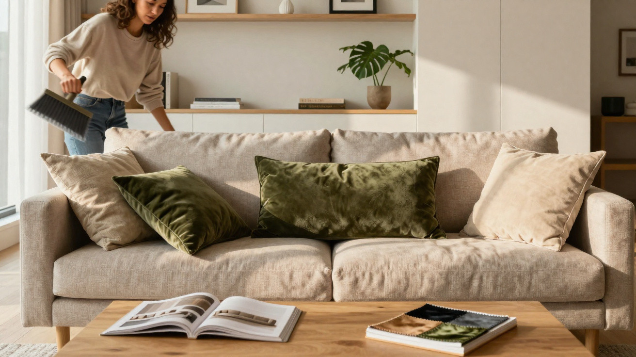 Woman dusting a beige sofa with green and beige cushions in a bright, modern living room.