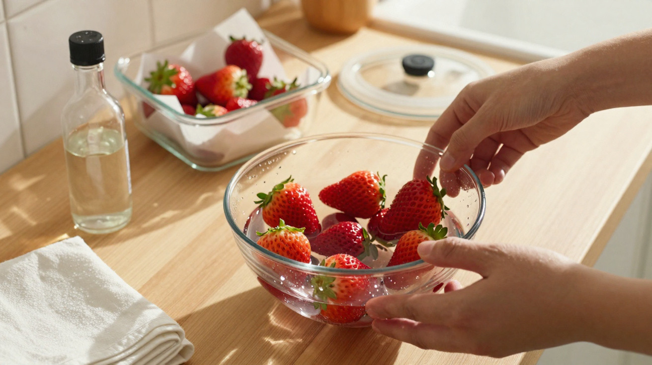 Hands washing fresh strawberries in a glass bowl of water on a wooden kitchen countertop.