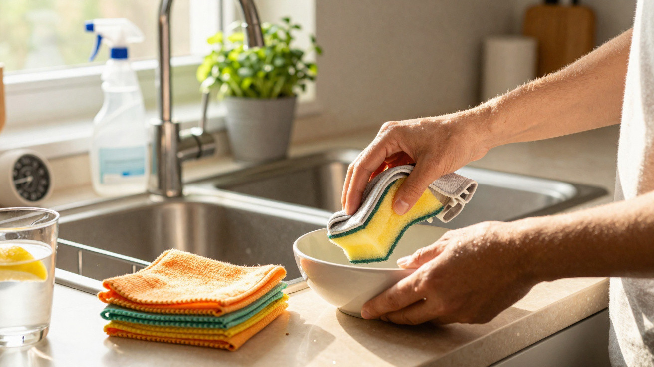 Person washing a white bowl with a yellow sponge cloth at a kitchen sink in daylight.
