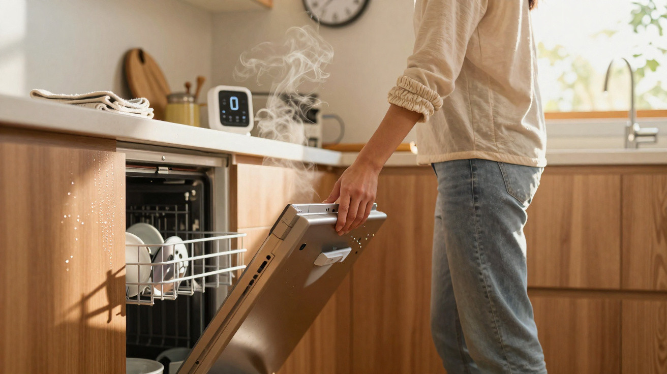 Person opening a steaming dishwasher in a modern wooden kitchen during daytime.