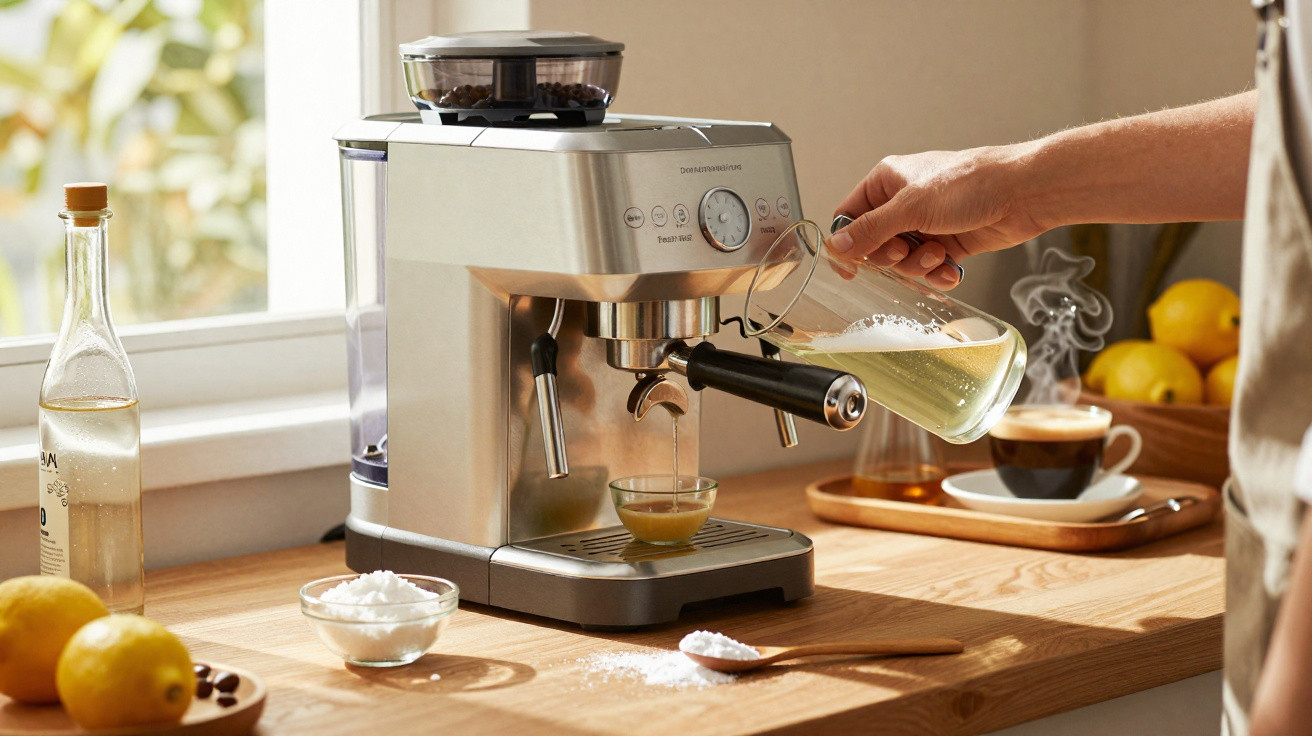 Hand pouring milk into a cup under a silver espresso machine on a wooden kitchen counter.