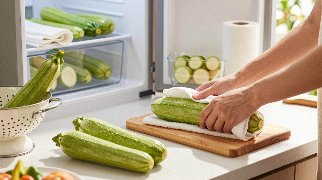 Person drying fresh courgettes on a wooden board next to an open fridge with more courgettes inside.