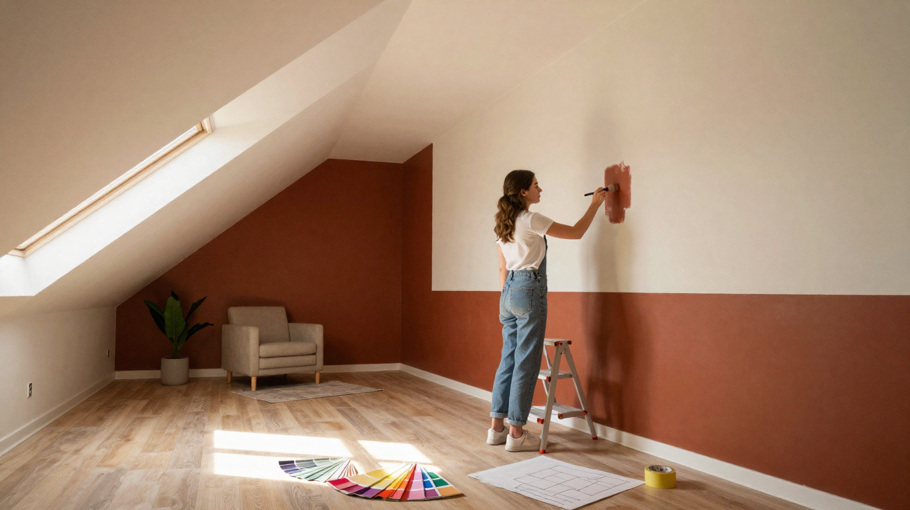 Woman in jeans painting a white wall with terracotta paint in a bright loft room with wooden floors.