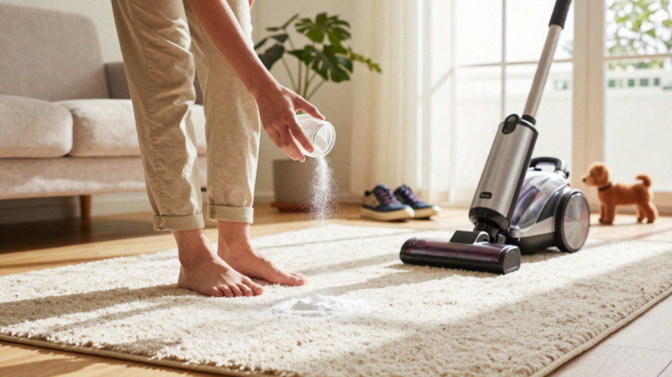 Person sprinkling powder on a carpet next to a vacuum cleaner in a sunlit living room.