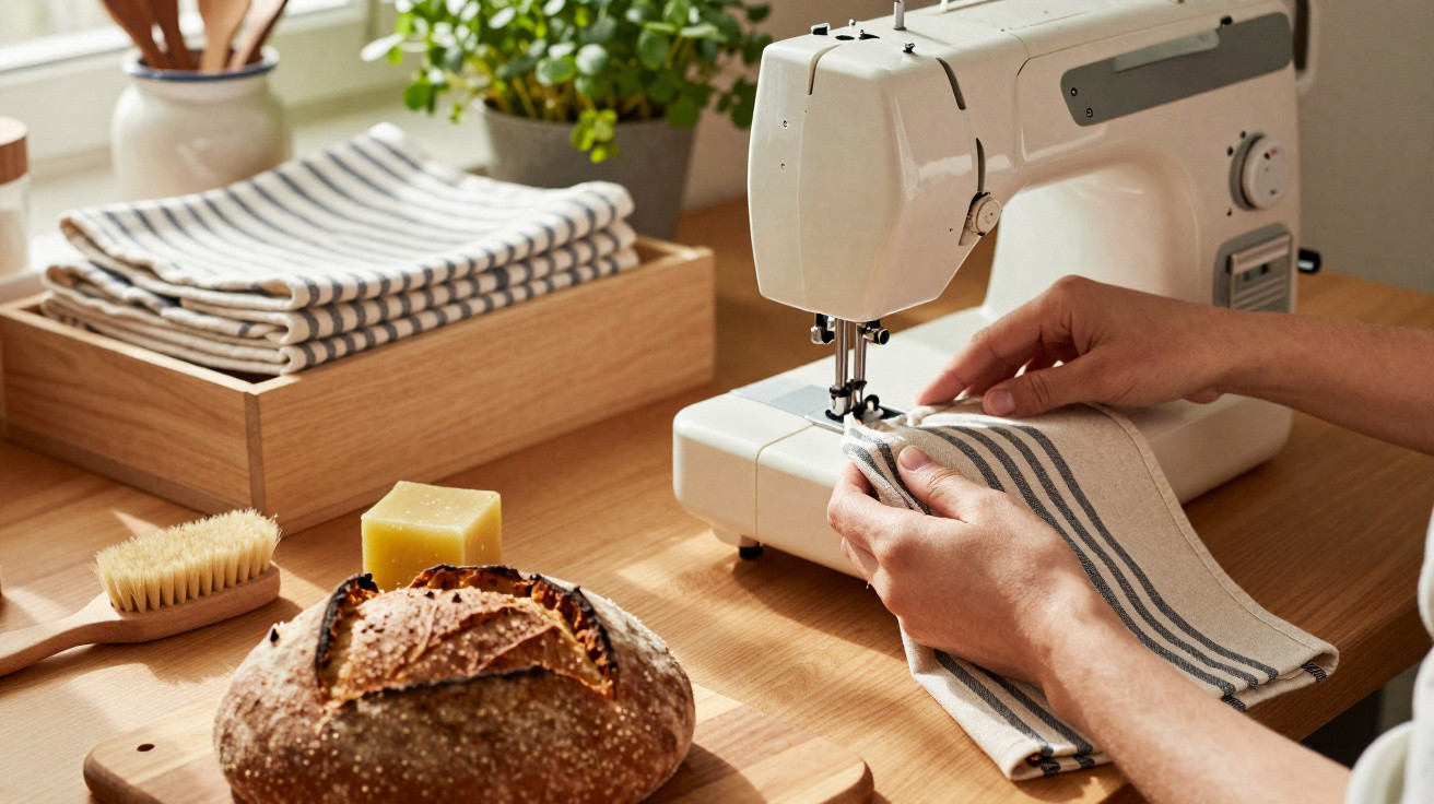 Person sewing striped fabric with a white sewing machine on a wooden table next to bread and soap.