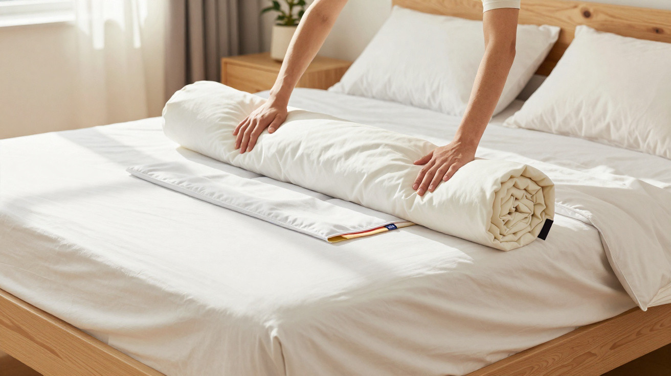 Person rolling up a white duvet on a neatly made wooden bed in a bright bedroom.