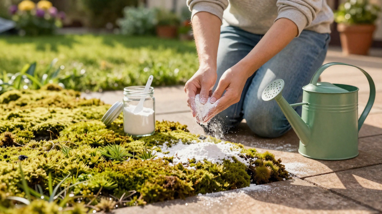 Person sprinkling powder over moss garden on patio with watering can nearby on sunny day