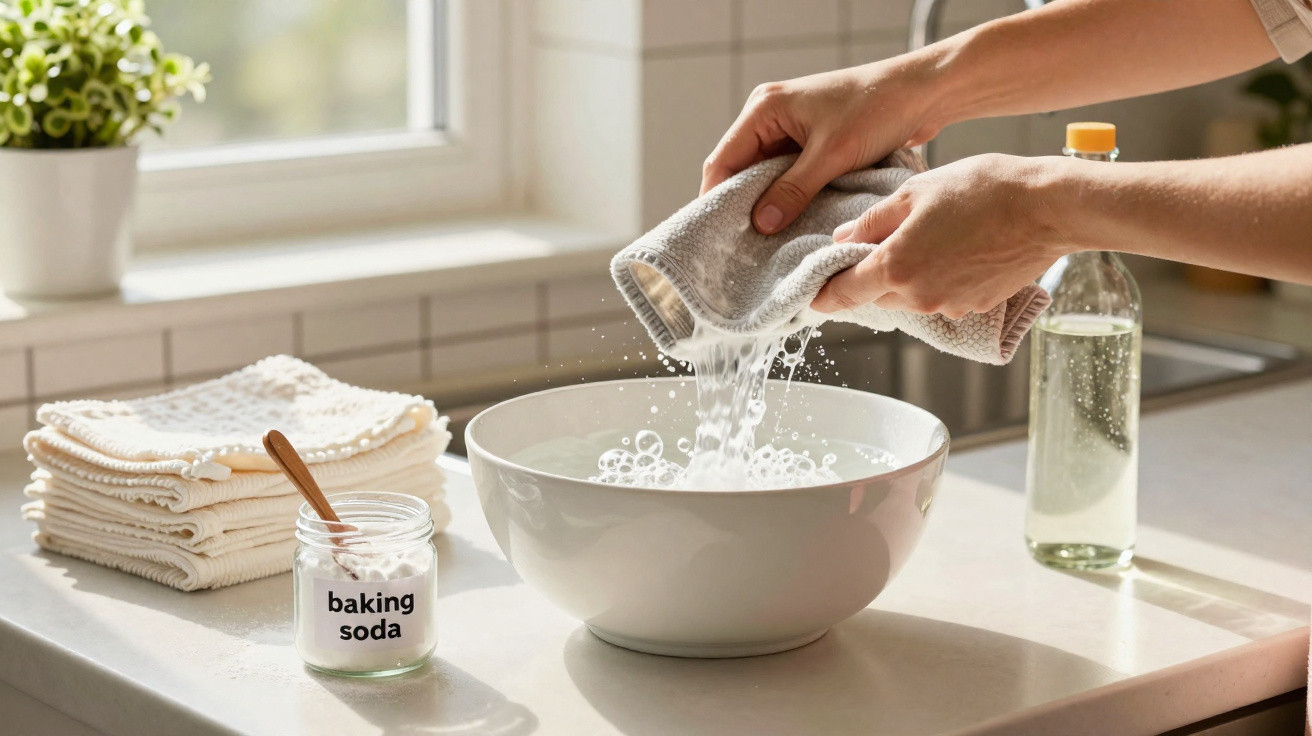 Hands wringing water from a cloth over a white bowl on a kitchen countertop with baking soda and cloths nearby.