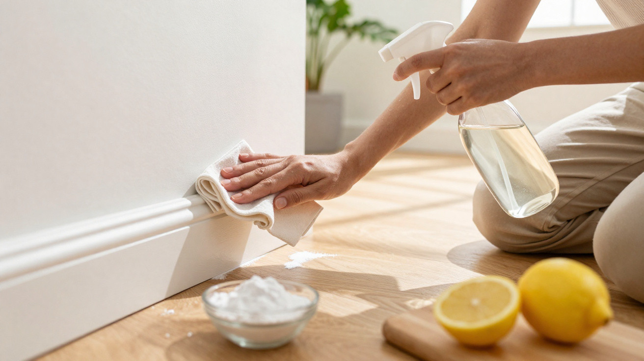 Person cleaning white skirting board with cloth and spray, lemon halves and bowl of baking soda nearby on wooden floor