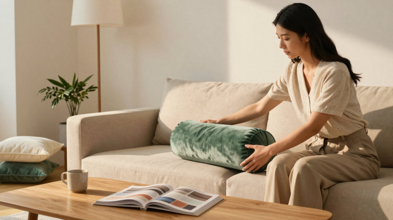Woman arranging a green velvet bolster cushion on a beige sofa in a sunlit living room.