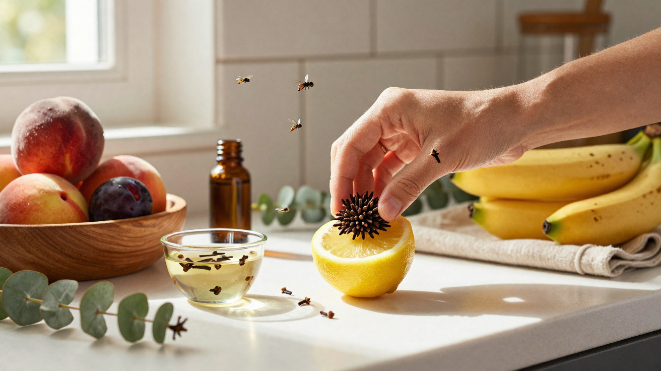 Hand placing cloves into half a lemon on a kitchen counter with bananas, fruit bowl, and small glass bowl nearby.
