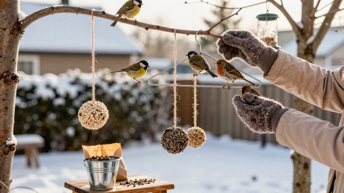 Birds perched on a homemade hanging bird feeder outside in a snowy winter garden.