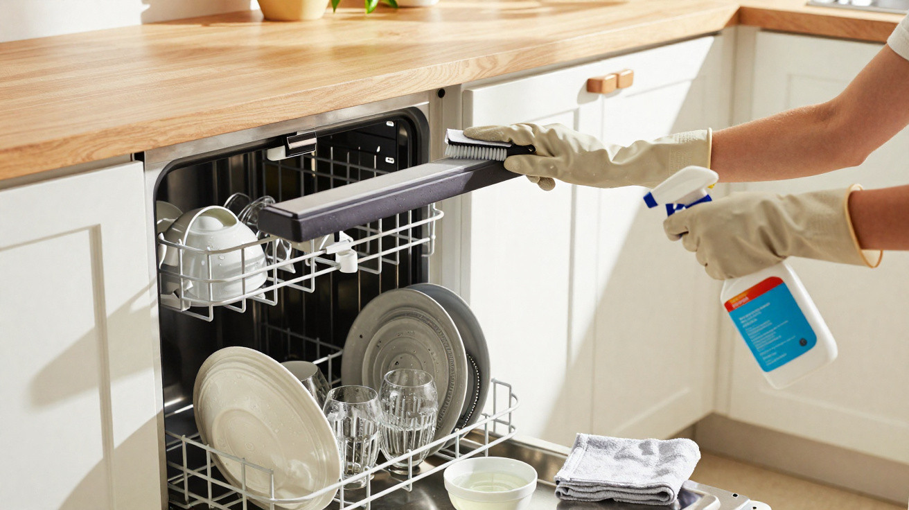 Person wearing gloves cleaning an open dishwasher with spray bottle and cloth in a bright kitchen.