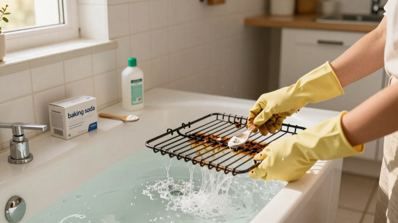 Person wearing yellow gloves scrubbing a rusty grill rack over a filled bathtub with baking soda nearby.