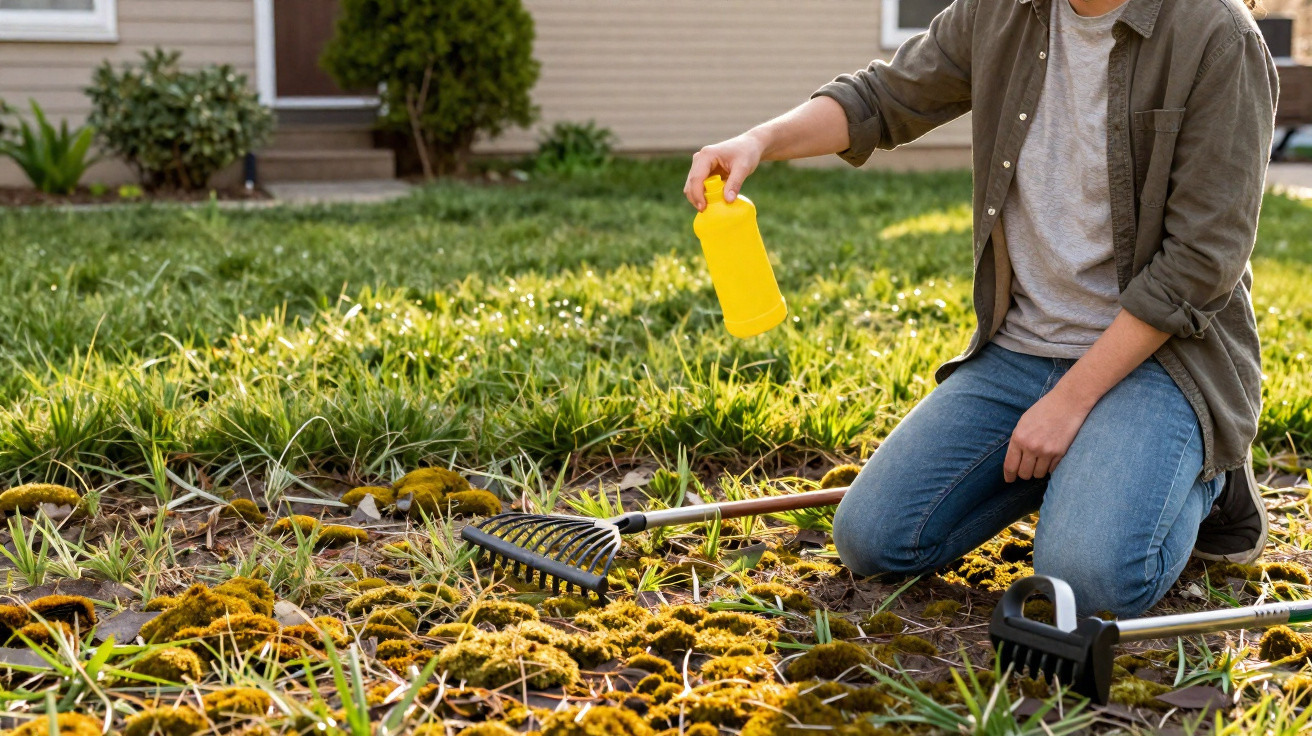 Person kneeling on grass applying yellow spray to moss with garden tools nearby in a residential yard.