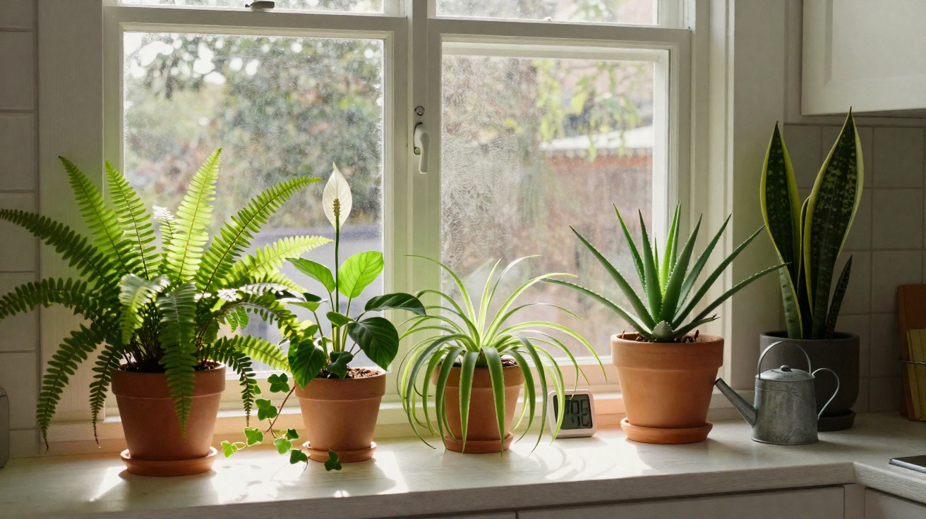 Five assorted potted plants on a bright windowsill with a watering can and a small digital clock.
