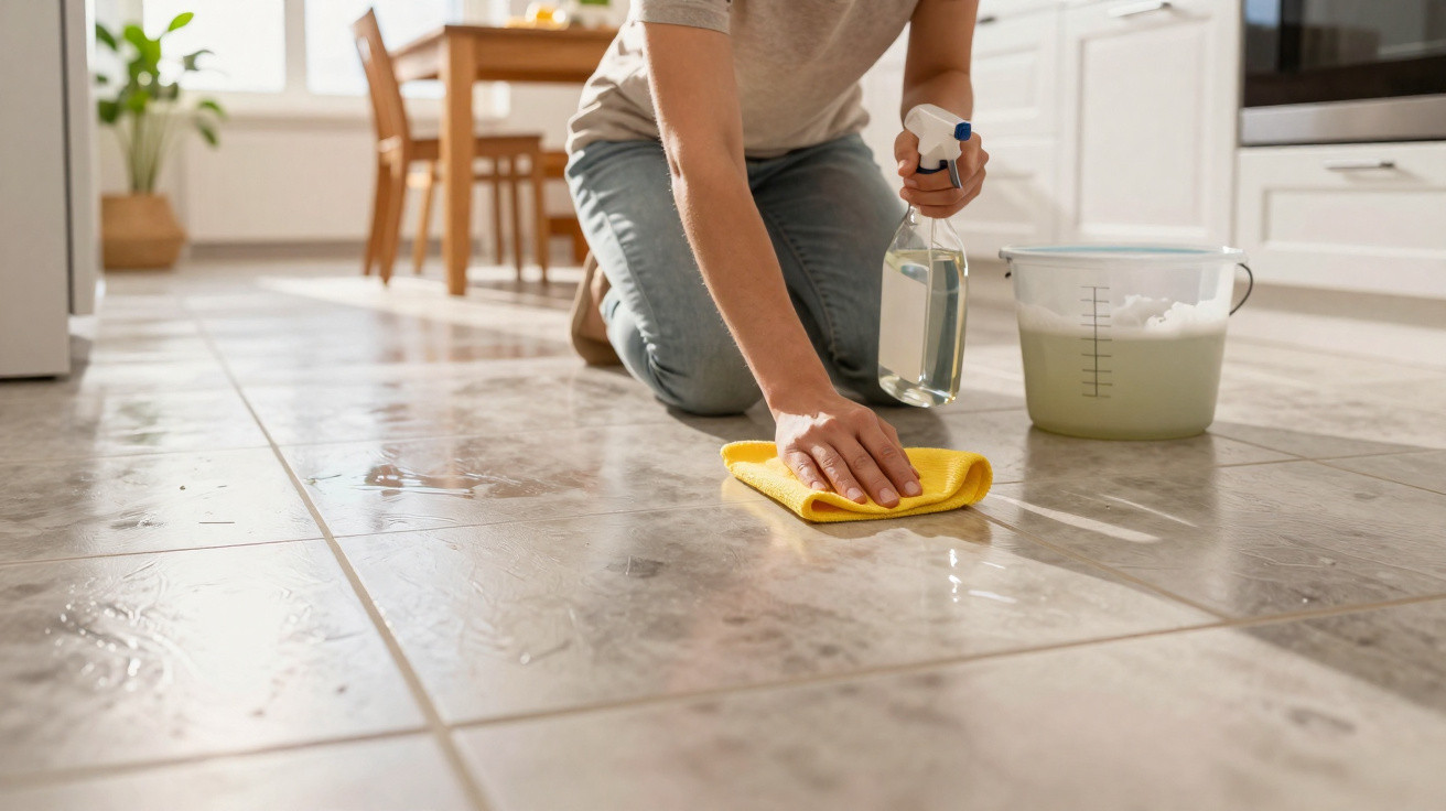 Person kneeling to clean tiled kitchen floor with yellow cloth and spray bottle next to a bucket of soapy water.