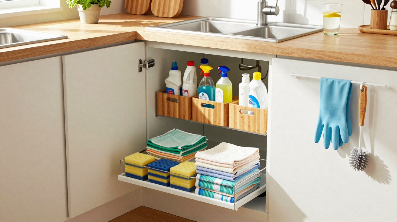 Organised kitchen cabinet under sink with cleaning supplies, sponges, cloths, gloves, and a brush hanging on the door.