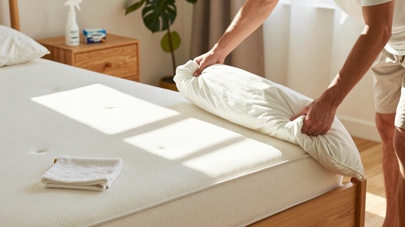 Person putting a white pillowcase on a pillow on a neatly made bed in a sunlit bedroom.