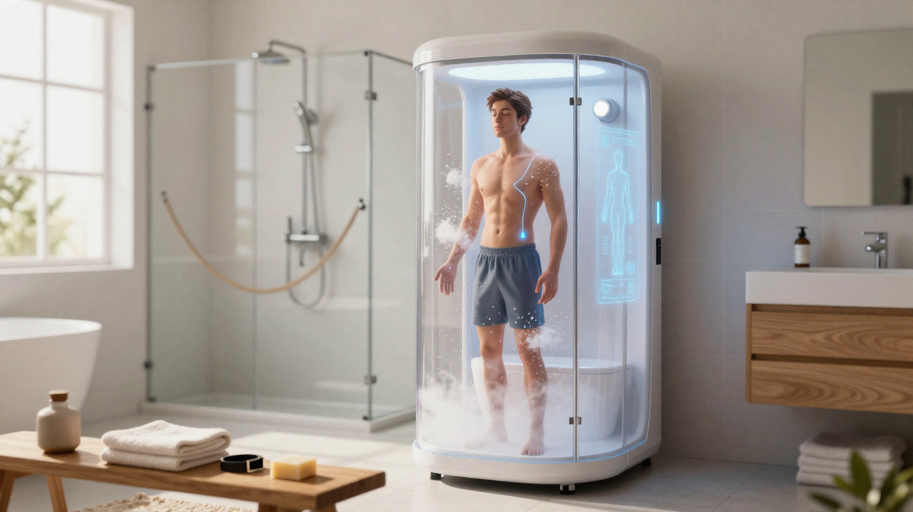 Young man in shorts standing inside futuristic smart shower cabin in modern bathroom.