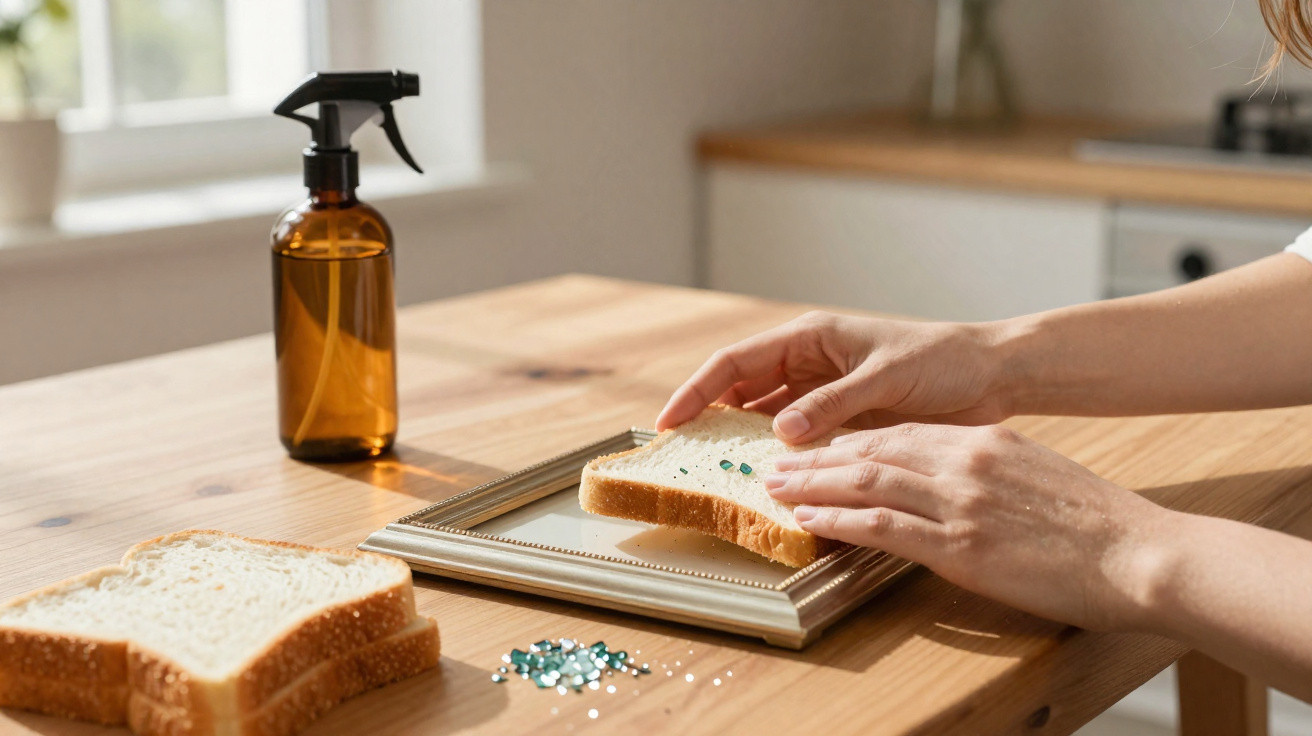 Person pressing a slice of bread with beads onto a small framed mirror on a wooden table next to a spray bottle.
