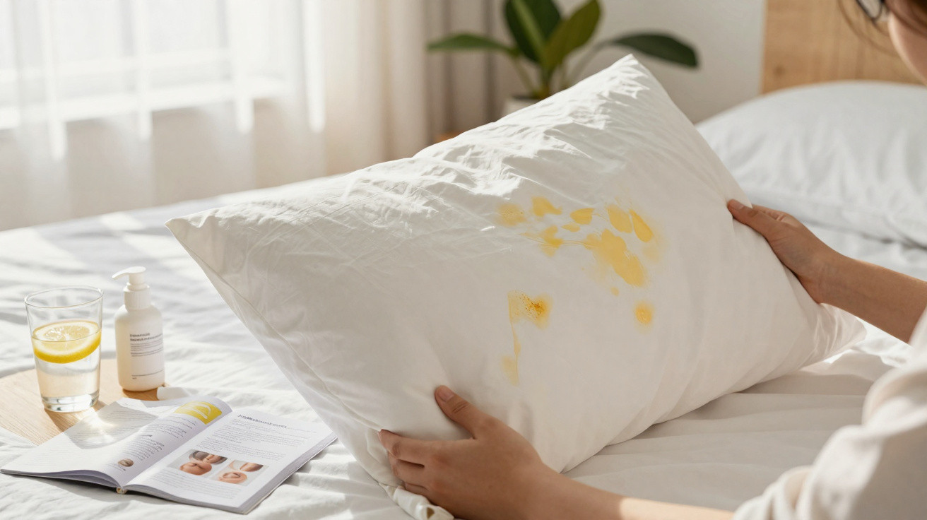 Hands holding a white pillow with yellow stains on a bed beside a glass of lemon water and an open book.