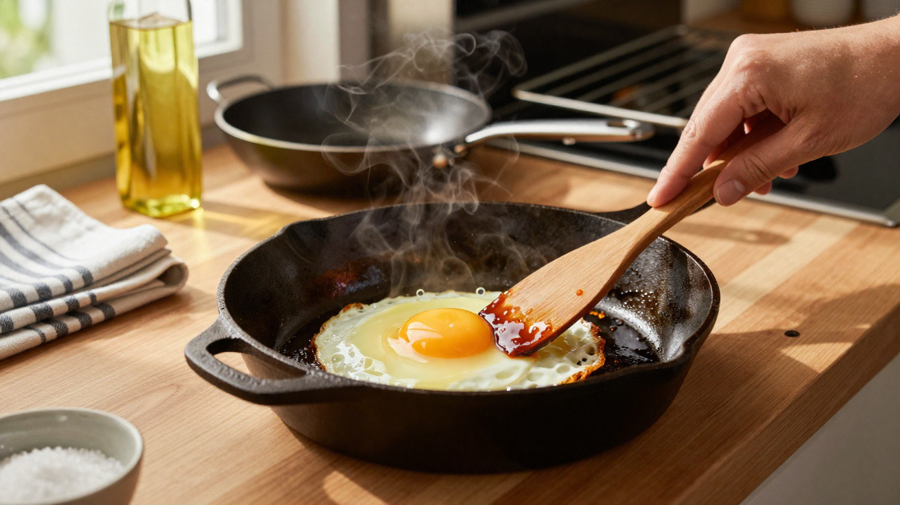 Hand cooking a sunny-side-up egg in a black cast iron skillet with steam rising on a wooden kitchen counter.
