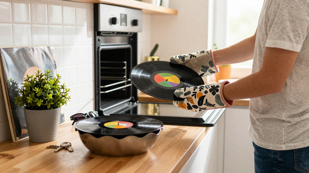 Person wearing oven gloves holding a vinyl record in a kitchen near an open oven and another record in a bowl.