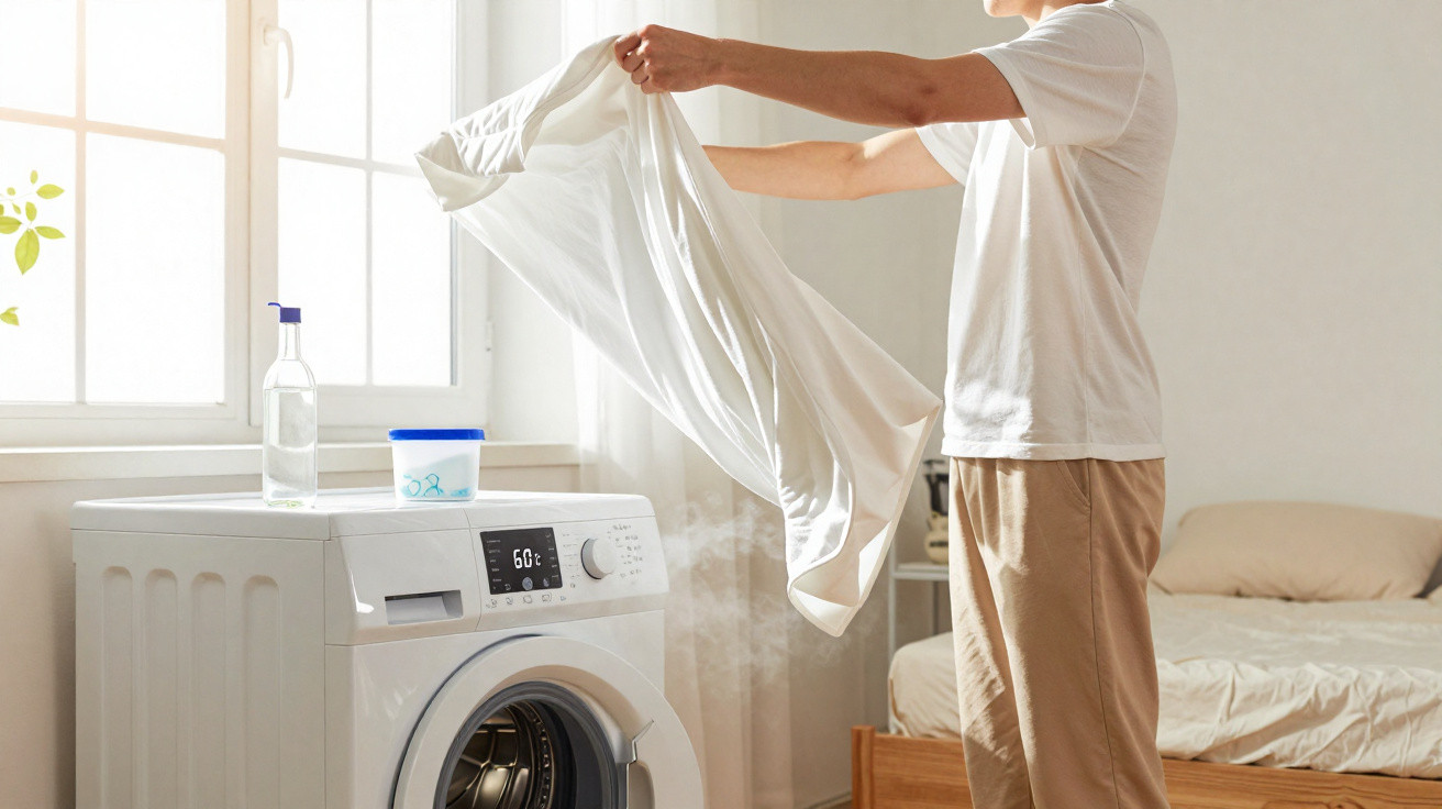 Person holding a white shirt over a steaming washing machine in a bright bedroom.