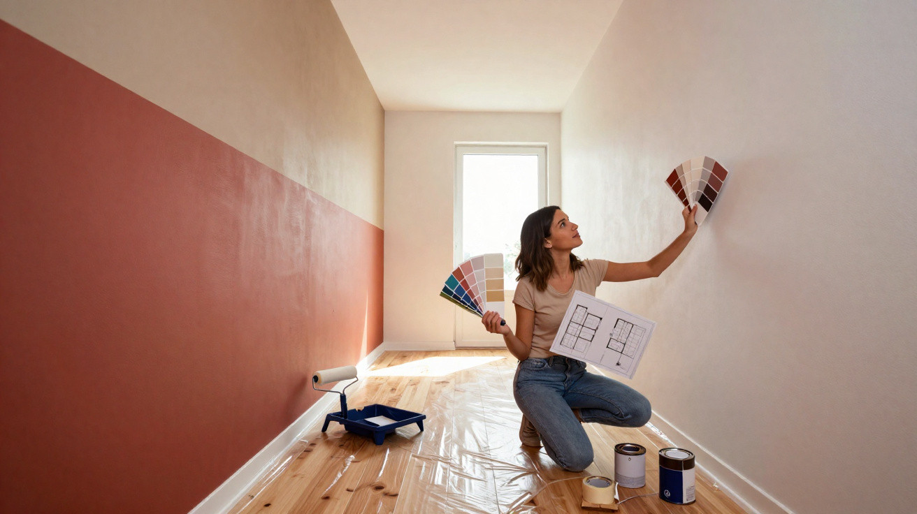 Woman kneeling on a covered wooden floor choosing paint colours in a partially painted room with colour swatches and floor pl