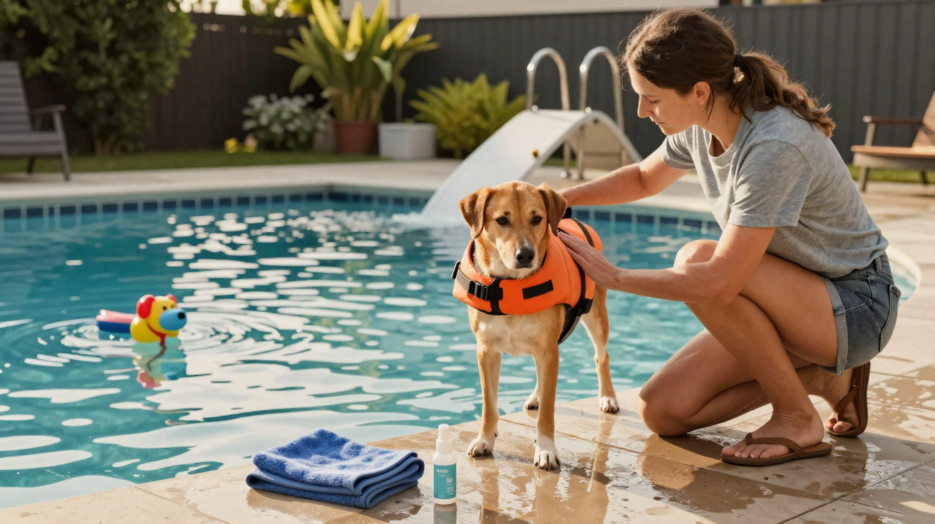 Woman kneeling by a pool, putting an orange life jacket on a small brown dog standing near the water.