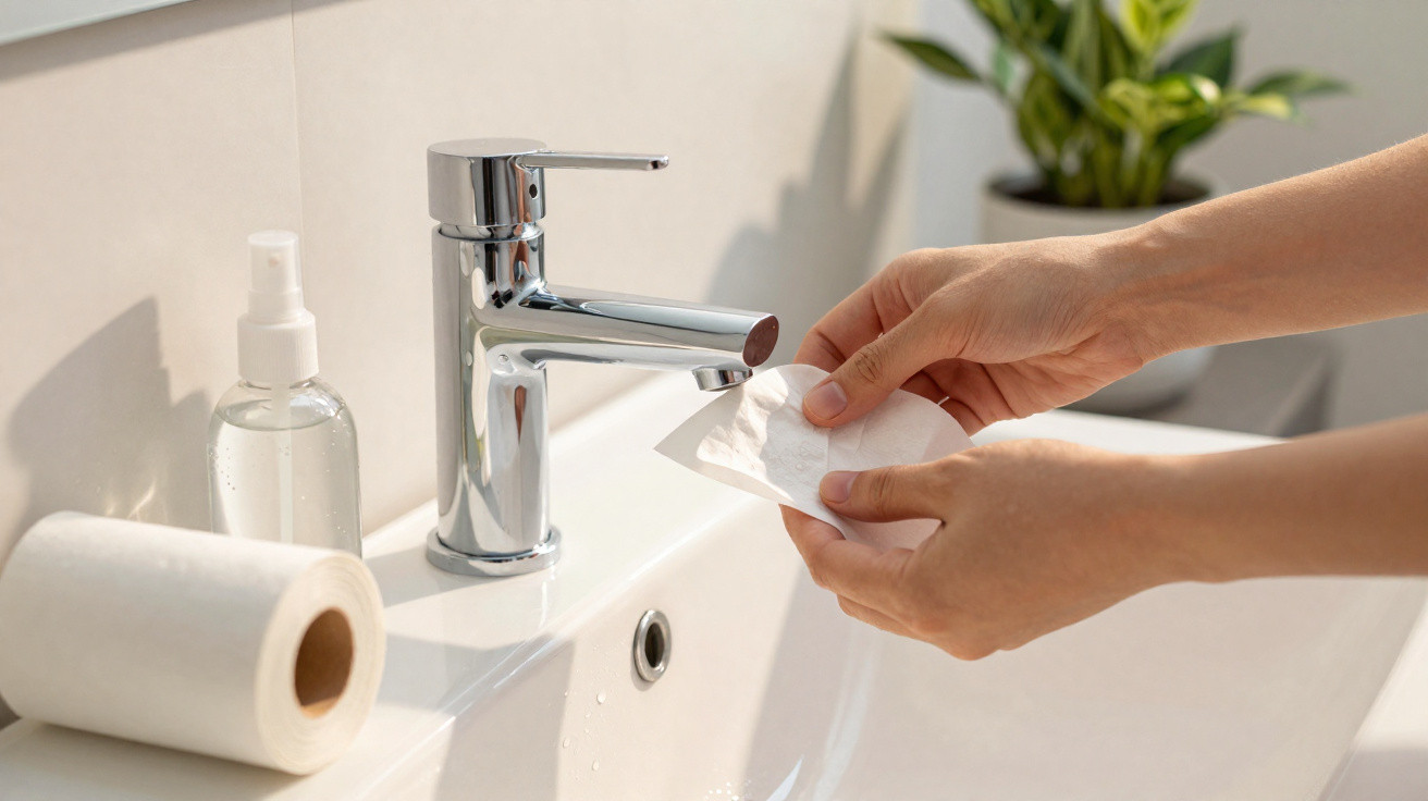 Hands holding a wet wipe above a white sink with a chrome tap and a spray bottle nearby.