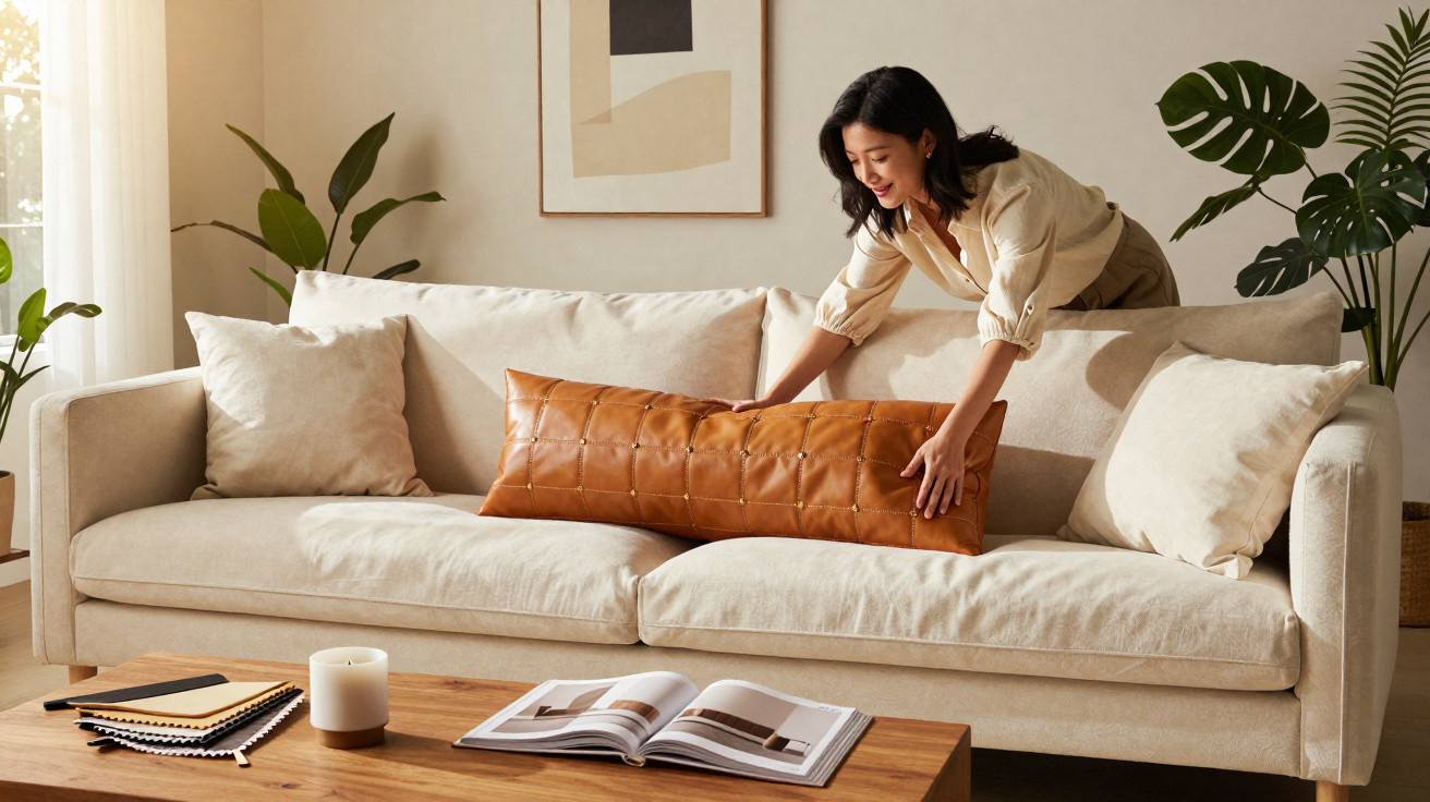 Woman arranging a long brown cushion on a beige sofa in a bright, plant-filled living room.