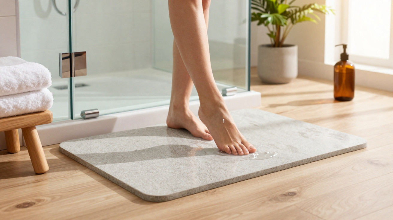 Person stepping onto a grey absorbent bath mat in a bright bathroom with wooden flooring and glass shower.