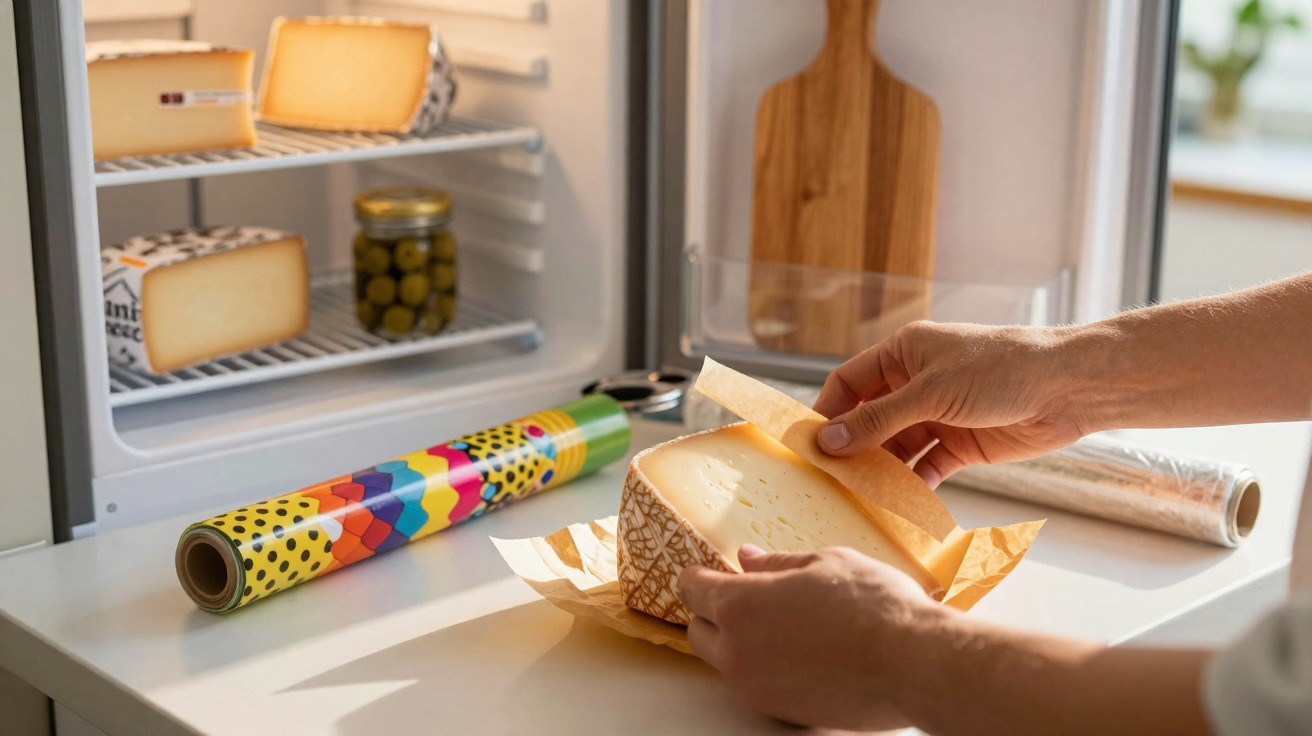 Hands wrapping a wedge of cheese in paper next to a fridge with cheese and jar of olives inside.