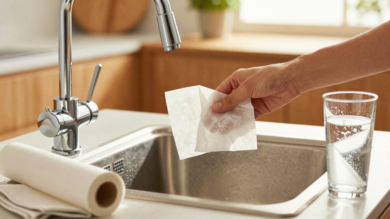 Hand holding a wet cleaning wipe over a kitchen sink with a faucet, paper towels, and a glass of water nearby.