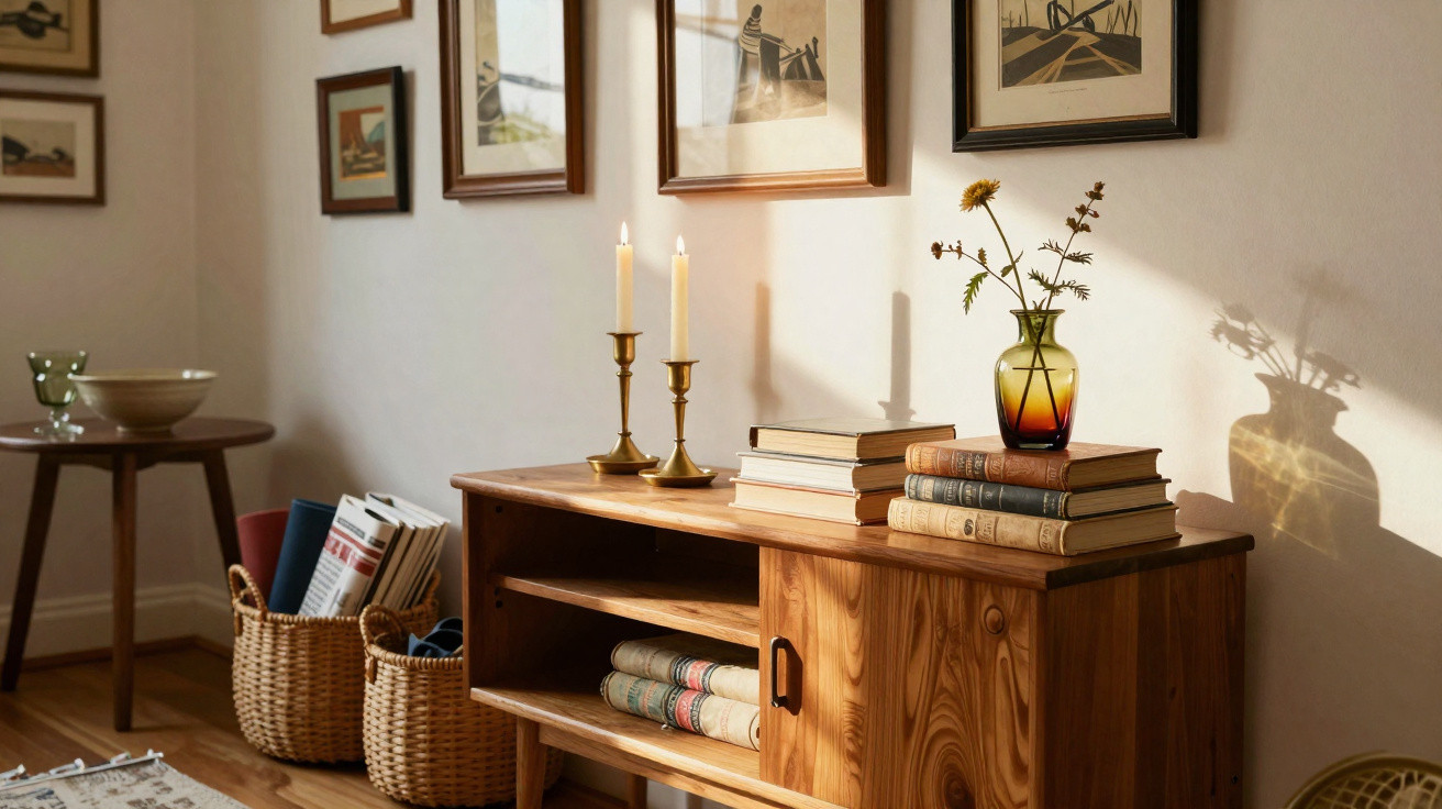 Wooden sideboard with candles, books, and a vase with flowers in a sunlit room with framed art on the wall.