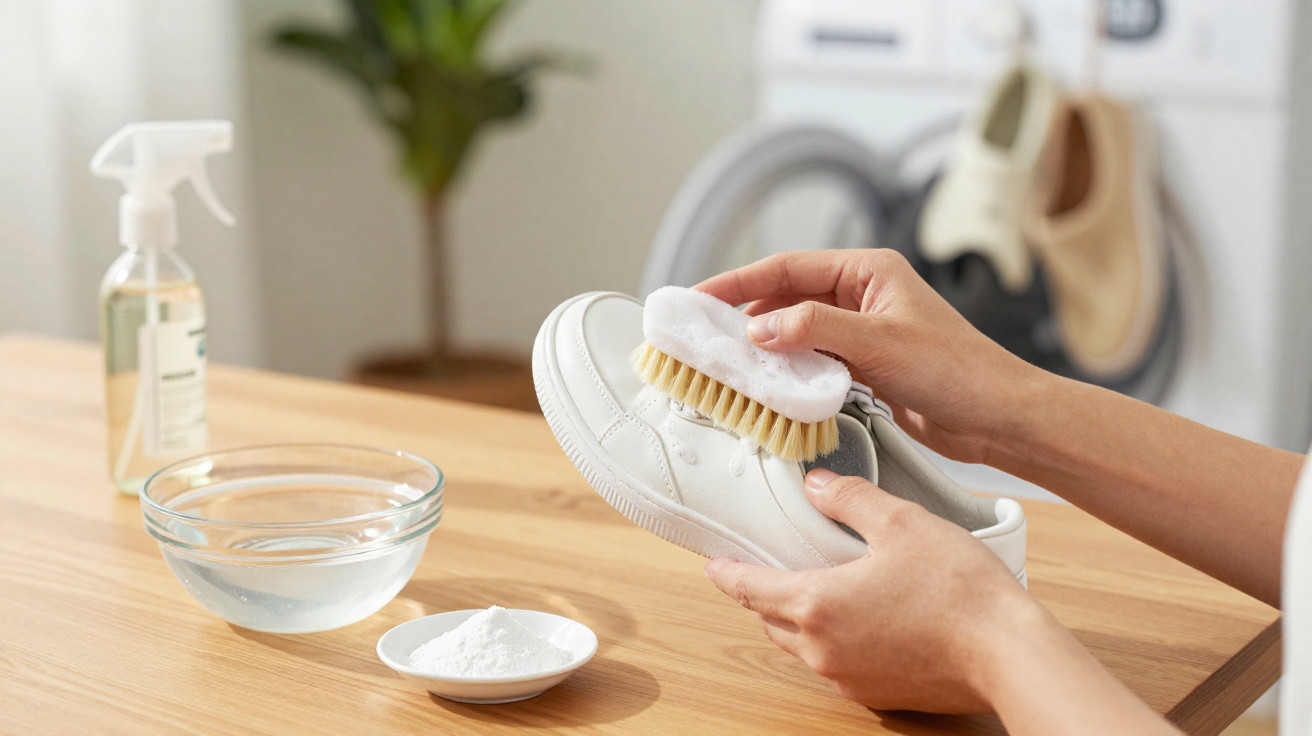 Person cleaning white sneaker with brush and foam on a wooden table with cleaning supplies nearby.