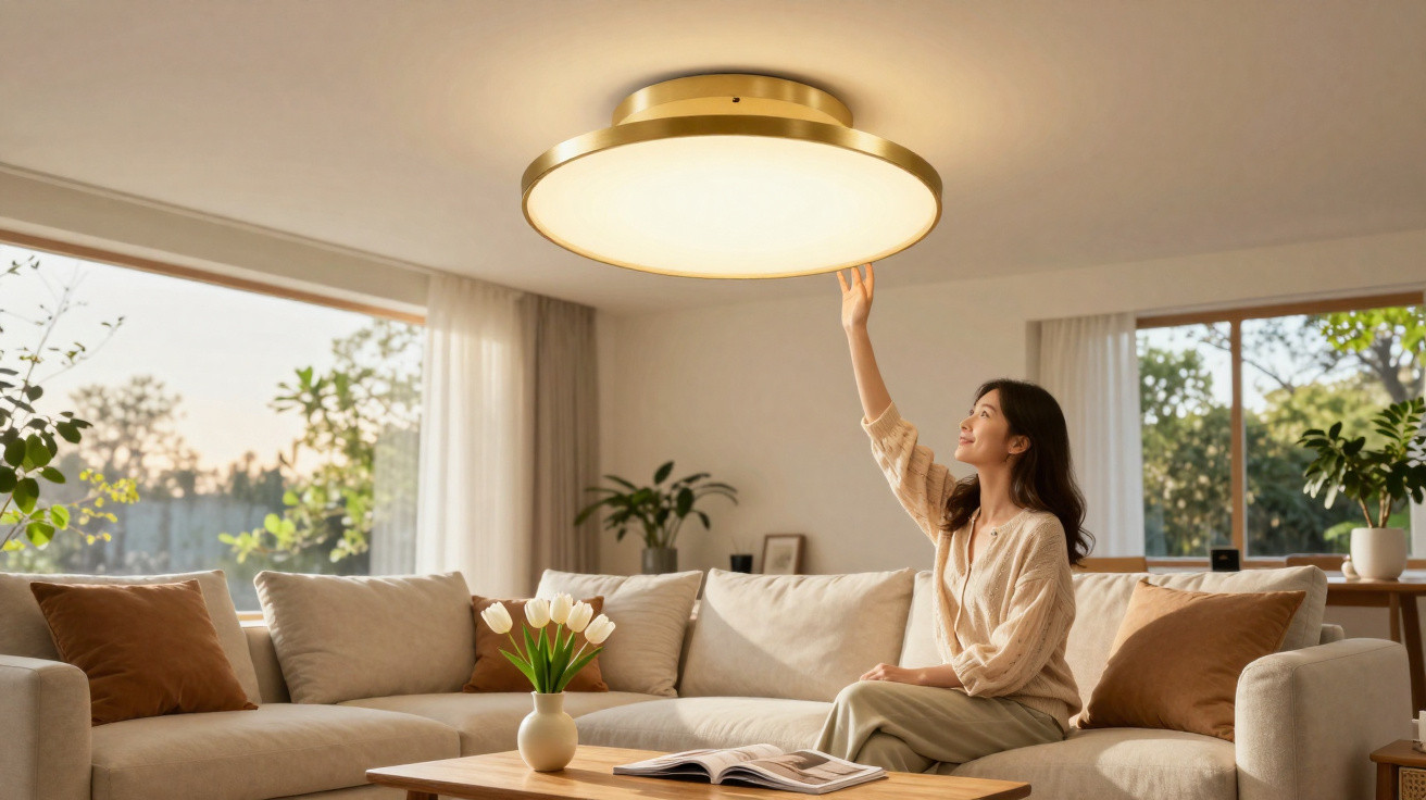 Woman adjusting large modern ceiling light in bright, cosy living room with beige sofa and green plants.