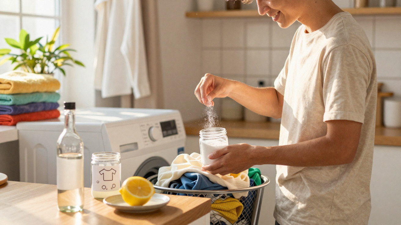 Person sprinkling laundry powder on colourful clothes in a basket beside a washing machine in a bright laundry room